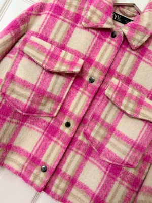 Zara Cropped Plaid Shacket Jacket Pink Cream Fuzzy Cozy Preppy Fall Size S thumbnail 6