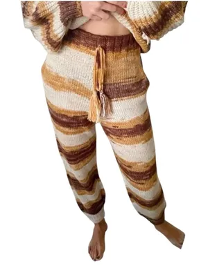 Moon River‎ Knit Jogger Pants Womens Small Brown Striped Tassel Drawstring Boho thumbnail 1