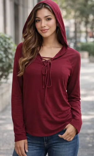 Y2K Skater Top Burgundy Lace Up Lightweight Hoodie Long‎ Sleeve Sz M thumbnail 1