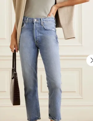 AGOLDE Riley Cropped High Rise Sttraight Leg‎ Distressed Raw Hem Jeans Sz 24 thumbnail 1