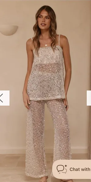 Billy J Boutique Zarina Sequin Long Line Top and Pants Set - Beige thumbnail 1