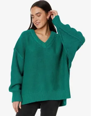 Free People Alli V-neck Emerald Green‎ Oversized Chunky Knit Sweater Size Small thumbnail 1