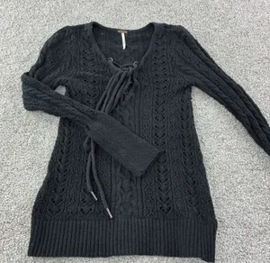 Free People Black Lace Up Crochet Knit Sweater Tunic Size‎ XS Casual Goth Moto thumbnail 1