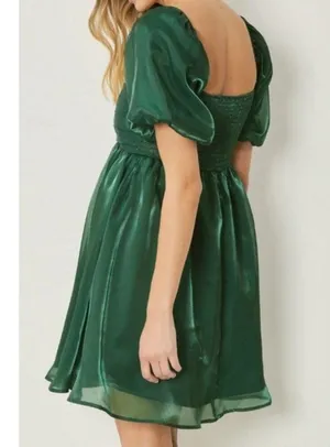 Entro Green Organza Party Bubble Sleeve Mini Dress, L thumbnail 3