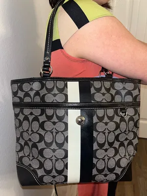 Coach Signature Stripe Tote Black Gray Canvas Leather Shoulder Bag thumbnail 5