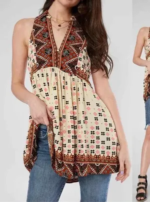 Free People Cream & Rust Patterned V-Neck Halter Tunic thumbnail 1