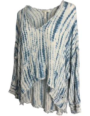 Seven7‎ Tie Dye Blouse Womens XL Blue White Excellent Frayed Hem Long Sleeve Top thumbnail 1