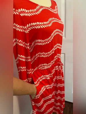 BODEN Talia Red Jersey Dress Leaf Striped Print 3/4 Sleeves Drawstring Waist 8 thumbnail 2