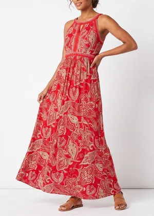 INC Maxi Dress Womens 2X Paisley Red Sleeveless Keyhole Halter Excellent thumbnail 1