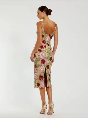 Mac Duggal 6124 Beige Floral Beaded Scoop Neck Midi Dress sz 4 thumbnail 3