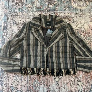 OAT NEW YORK NWT Plaid Fringe Blazer Tweed Cropped Jacket Size Large thumbnail 6