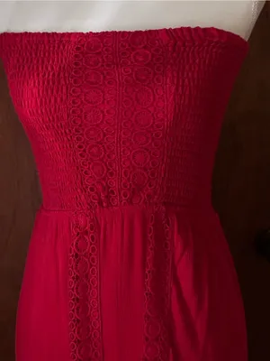 NWOT No Boundaries Red Strapless Crochet-Trim One-Piece Romper Dress thumbnail 4