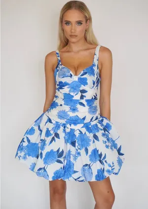 Angel Biba Bow Detail Ruched Bodice Bubble Hem Floral Print Mini Dress White and Blue thumbnail 1