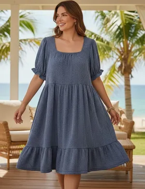 Simply Southern Blue Striped Seersucker Tiered Babydoll Dress Square Neck‎ Large thumbnail 1