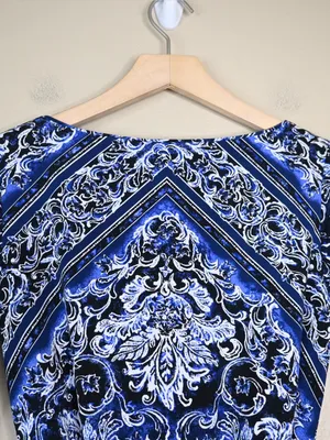 WHBM Women's XS Blue Black Blouson Patterned Keyhole Belted Mini Dress thumbnail 6