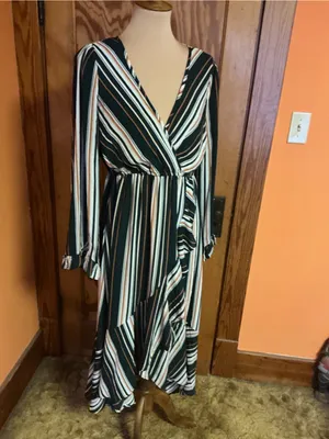 Jodifl Striped Faux Wrap Ruffle Midi Dress Size Medium Green Rust Boho thumbnail 10