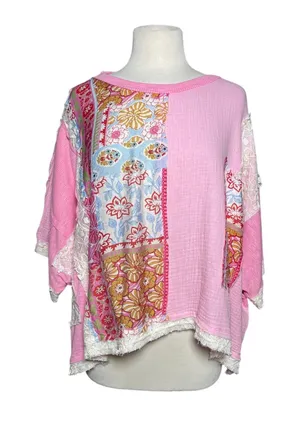 NWOT POL Boho Candy Pink Gauze and Mixed Floral Patchwork Poncho thumbnail 1