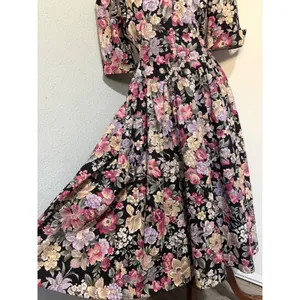 Miss Dorby Vintage 90s Floral Midi Dress L Black Purple Button‎ Front USA Made thumbnail 13