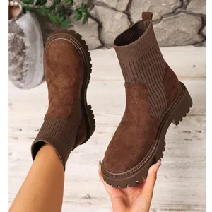 Women's Side 8 Boots Faux Suede Tan Brown Ribbed Mid-Calf Pull On Stretch thumbnail 1