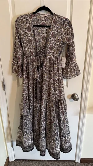 Anthropologie Boemo Floral Multicolor Long Sleeve Tiered Maxi Dress Sz Small NWT thumbnail 1
