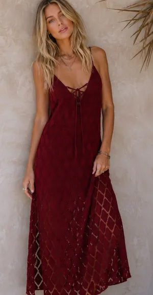 BAND OF THE FREE Lila Burgundy Autumn Slit Midi Dress Sleeveless Boho Medium thumbnail 1