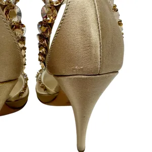 Prada Jeweled Satin Ankle Strap Heels Gold Bow Embellished Sandals 37 thumbnail 7