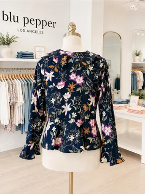 Blu Pepper Navy Floral Ruffle Wrap Peplum Blouse Bell Sleeve Large L thumbnail 2
