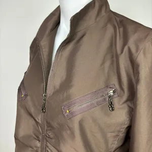 Black Vintage Brown Ruched Zip Up Pockets Collar Flight Utility Bomber Jacket M thumbnail 8