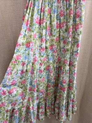 Floral Smocked Tiered Midi Dress Pink Blue Green Print Large thumbnail 9