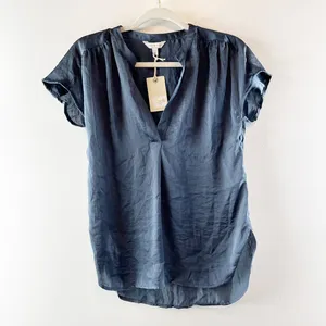 Lucky Brand Satin V Neck Short Sleeve Top Blouse Blue XS thumbnail 2