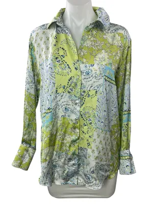 Zara Green Floral Paisley Colorblock Long Sleeve Button Down Shirt Top Size S thumbnail 1