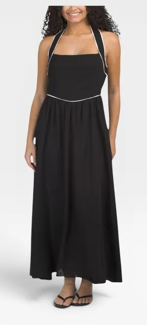 NWT White Closet Linen Blend Halter Neck Maxi Dress Black & White SMALL thumbnail 1