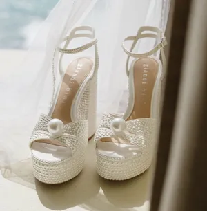 White bridal pearl platform heels Size 7 thumbnail 1