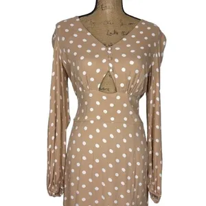 AFRM Kimmy Midi Dress Cutout Slit Tan White‎ Polka Dot Long Sleeve Size Medium thumbnail 2