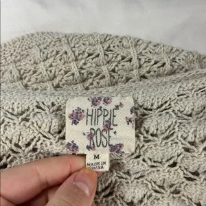Hippie Rose Open Knit Crochet Top Tan Flare Sleeve Boho Cottagecore Coquette Festival Medium thumbnail 3