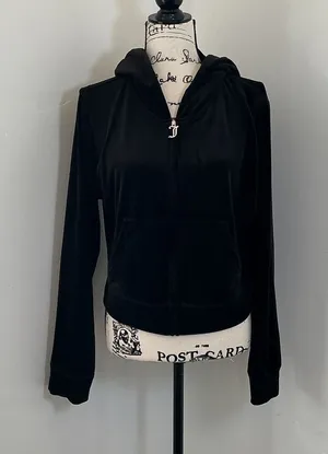 Juicy Couture Y2K Velour Rhinestone Zip Up Hoodie Black J-Pull Small thumbnail 1