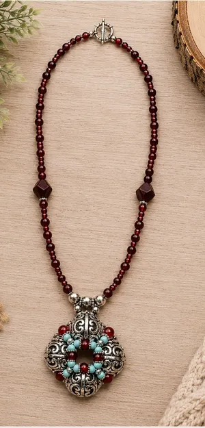 Vintage Southwest Red Bead Necklace with Turquoise & Ornate Silver Pendant thumbnail 1