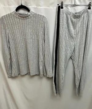 Womens Ribbed Lounge Set Gray Top Pants Side Stripe Soft Stretch Cozy 1XL thumbnail 1