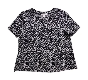 eri + ali Knit Top Women S Black‎ White Leopard Print Short Sleeve Crew Neck thumbnail 1
