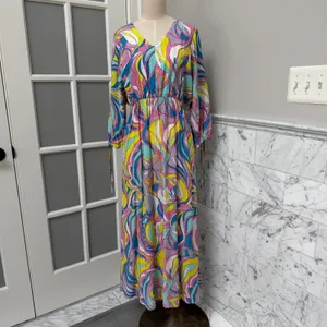 Esqualo Colorful Abstract Print V-Neck Tie-Sleeve Midi Dress Ocean Flower Size 6 thumbnail 2