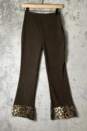Vintage Y2K Leopard Cuff Flare Pants Brown Low Rise Stretch XS Indie Sleaze New thumbnail 1