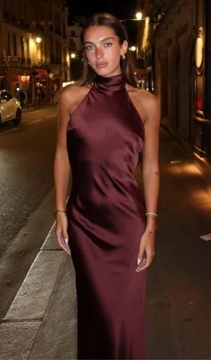 Zara maxi halter scarf satin Elegant Burgundy Brown Evening Wedding Dress thumbnail 2