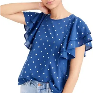 NWT J. Crew Ruffle Flutter Sleeve Metallic Polka Dot Top - foil Indigo Silver thumbnail 2