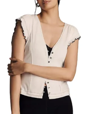 Anthropologie Maeve Short-Sleeve V-Neck Button-Front Top - White L NWT thumbnail 1