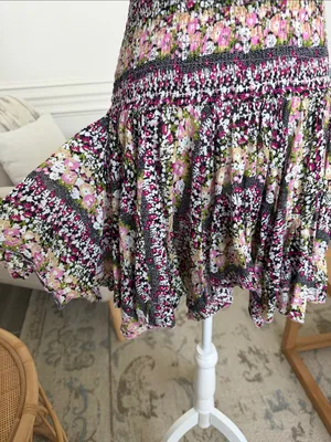 Boho Cottagecore Smocked Cotton Floral Y2K Handkerchief Hem Strapless Dress S thumbnail 6