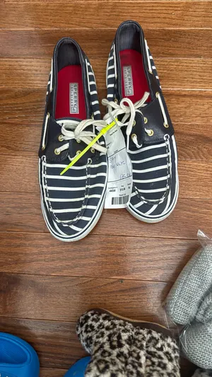 Sperry Black & White Striped Canvas Boat Shoes with Red Insole thumbnail 28