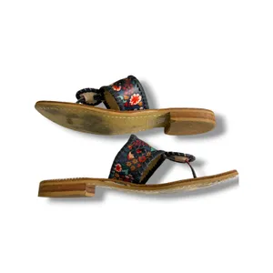 Jack Rogers Jacks Flat Sandals Navy Floral Leather Whipstitch Thong‎ Slide 9M thumbnail 7