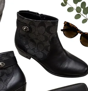 Coach Signature Jacquard Leather Ankle Boots Black Turnlock Side Zip Women’s 8.5 thumbnail 1