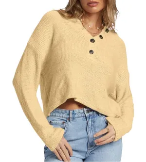 Billabong Womens Henley Sweater Butter Yellow Slouchy Knit Beachy Coastal Large thumbnail 1