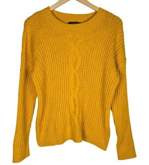 French Connection Womens Mustard Yellow Cable Knit Ribbed Sweater 78MSR Size S thumbnail 1